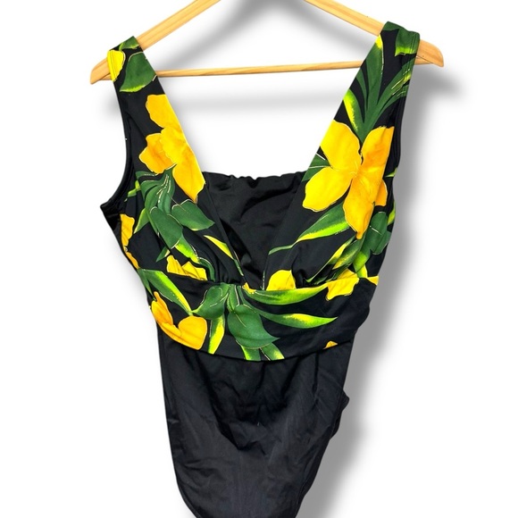 Vtg 90s Yellow/Black Floral V-Neck High Leg One Piece Swimsuit Large 12 - Picture 1 of 7